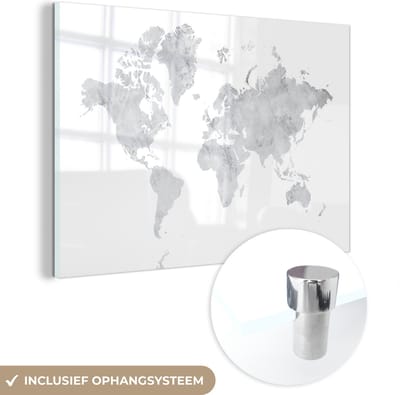 ® Glasschilderij 120x80 cm - Schilderij acrylglas - Wereldkaart - Grijs - Marmer - Foto op glas - Muurdecoratie woonkamer - Wanddecoratie slaapkamer - Schilderijen