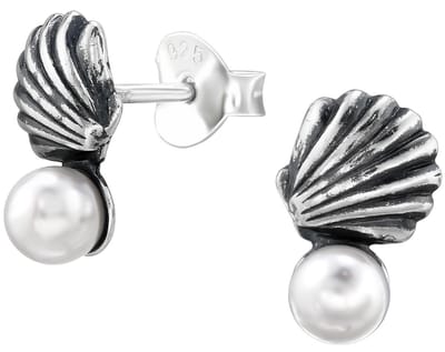 Joy|S - Zilveren schelp oorbellen met witte parel - 10 x 9 mm - shell - geoxideerd