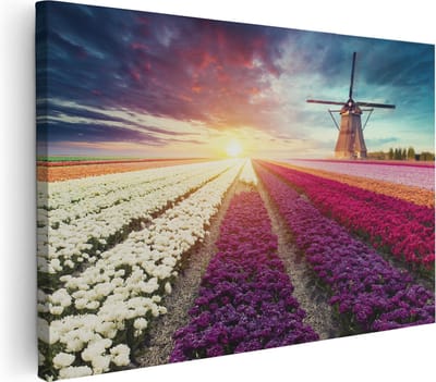 Artaza Canvas Schilderij Molen - 30x20 cm - Klein - Wanddecoratie Tulpenveld - Muurdecoratie Zonsondergang - Kamer Accessoires Bloemen