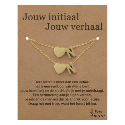 Letter N ketting + armband set op Cadeau Kaartje - Jouw initiaal, jouw verhaal - Goudkleurig Stainless Steel - Initiaal & Hartje Hanger - Pax Amare