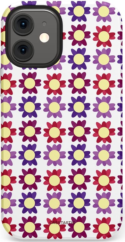 Casetastic Hoesje Geschikt voor Apple iPhone 12 Mini - Stijlvolle Beschermende Duo-layer Case - Rood Paarse Roze Madelief Bloementjes