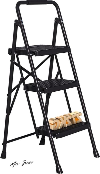 Mrs. Jones Opvouwbare 3-Trapsladder - Zwarte Stalen Ladder met Brede Antislip Pedalen en Sponsstuur 272 kg Capaciteit Lichtgewicht en Draagbaar voor Thuis Keuken Bijkeuken Binnen- en Buitengebruik .