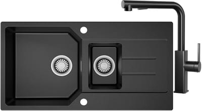 Anycee max Spoelbak Met Kraangat - Granieten Keuken 86x45CM - 1.5 Spoelbak Keuken Met L-Vorm Keukenkraan - Met Afdruiprek en Waterafvoersysteem - 80% Kwarts Zand Spoelbak Keuken - Zwart