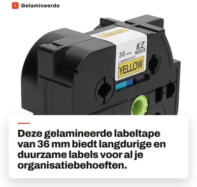 Dailygoods- Labeltape 36 mm x 8 m - Gelamineerde Plakband - PET Materiaal - Compatibel met PT-9700PC/PT-3600 - Zwart op Geel - Permanent Drukeffect - Etikettape