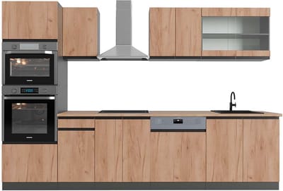 Vicco R-Line Complete keukeneenheid – 300 cm met hoge kast, WB Eik Eik goud/antraciet