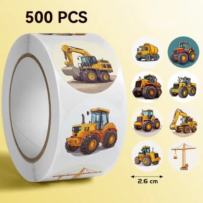 DW4Trading Stickerrol Cartoon Bouwvoertuigen 500 Stuks - Sluitstickers - Ø 2,6 cm