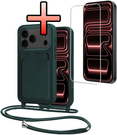 Hoes Geschikt voor iPhone 17 Pro Hoesje Pasjeshouder Cover Met Koord Case Siliconen Hoes Met Telefoonkoord en Kaarthouder Met Screenprotector - Donkergroen