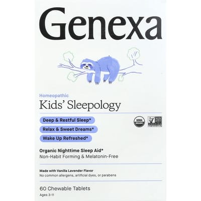 Genexa, Kids Sleepology, biologisch slaapmiddel voor de nacht, vanille-lavendelsmaak, vanaf 3 jaar, 60 kauwtabletten