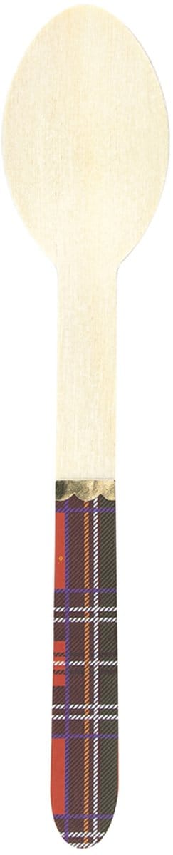 PARTYPRO - 8 kleine houten kerst tartaanslepels 16 cm met gouden bies
