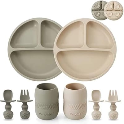 Siliconen babyserviesset | Set van 2 verdeelde zuignapborden van siliconen en 2 kleine kopjes met 2 lepels en 2 vorken | Babybenodigdheden