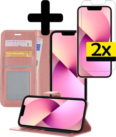 Hoesje - Met 2x Screenprotector - Geschikt voor Apple iPhone 13 Mini - Luxe Pasjeshouder - Bookcase Portemonee - Flip Case - Kunstleer Book Case - Flipcase Hoes - Book Cover - Walletcase - Portemonneehoes - Telefoonhoesjes - Rosé goud