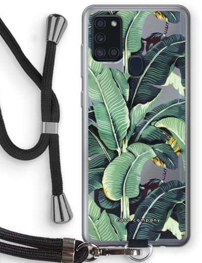 Case Company® - Hoesje met koord geschikt voor Samsung Galaxy A21s hoesje met Koord - Bananenbladeren - Telefoonhoesje met Zwart Koord - Bescherming aan alle Kanten en Over de Schermrand