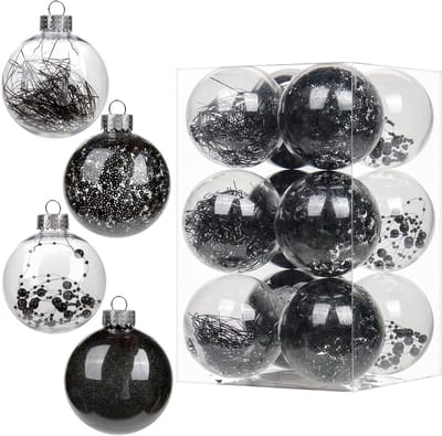 Set van 12 Shatterproof Kerstballen 80mm in Zwart met Delicate Ornamenten voor Kerstboom, DIY Decoraties en Feestelijke Gelegenheden