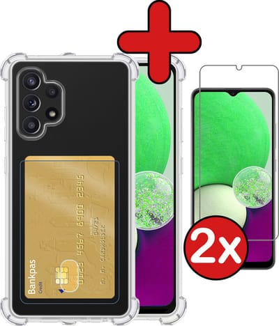 Hoesje - Geschikt voor Samsung Galaxy A32 4G - Met 2x Screenprotector - Pashouder - Kaarthouder - Back Cover - Telefoon Hoes Shockproof - Siliconen Case - Shock Proof - Pasjes Houder - Telefoonhoes - Transparant