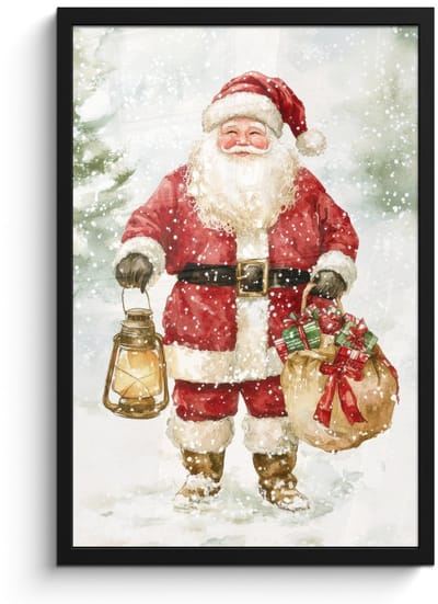 Poster in lijst - Fotolijst 40x60 cm - Posters - Kerstman- Winter - Sneeuw - Wit - Rood - Posterlijst zwart - Decoratie - Wanddecoratie woonkamer - Muurdecoratie slaapkamer - Kerstversiering - Kerstdecoratie voor binnen - Kerstmis