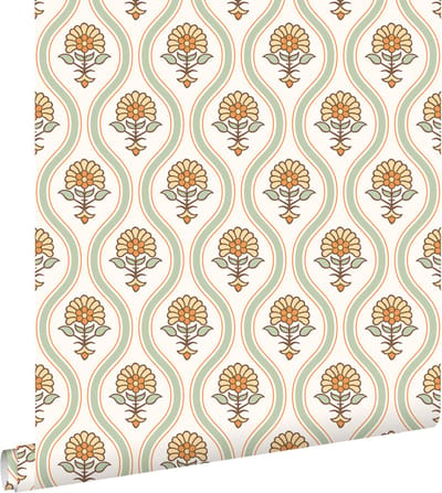 ESTAhome behang vintage bloemen groen, geel en oranje - 50 x 900 cm - 131739