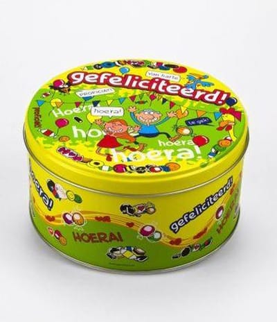 Drop - Snoeptrommel - Gefeliciteerd - Gevuld met Drop - In cadeauverpakking met gekleurd lint
