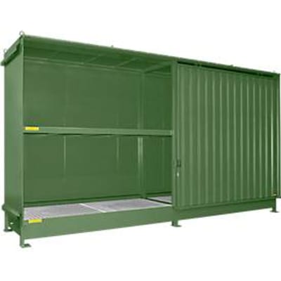 Stellingcontainer Bauer type CEN 59-2 IBC, 2 etages, schuifdeur, 2000 l, tot 8 IBC's, B 6245 x D 1550 x H 3465 mm, resedagroen RAL 6011