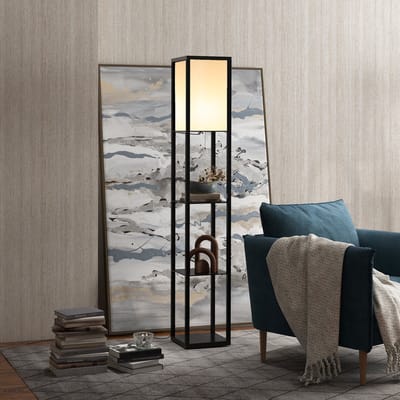 MEUNIQ staande lamp met 3 open planken, E27 tot 40W, 26 x 26 x 160 cm, met textielen lampenkap voor woonkamer of slaapkamer, zwart
