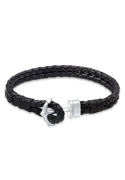 KUZZOI - Armband - Herren Basic Anker Echtleder Geflochten 925 Silber -