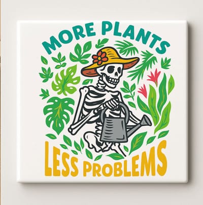 More Plants Less Problems Tegel – 15x15 cm Keramische Wanddecoratie – Grappige Tuindecoratie & Cadeau voor Plantenliefhebbers
