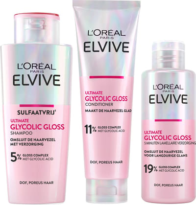 L'Oréal Paris Elvive Glycolic Gloss Ultimate Bundle - Shampoo 200ml, Conditioner 150ml & 5 min Lamellaire Haarverzorging 200ml - dof en poreus haar