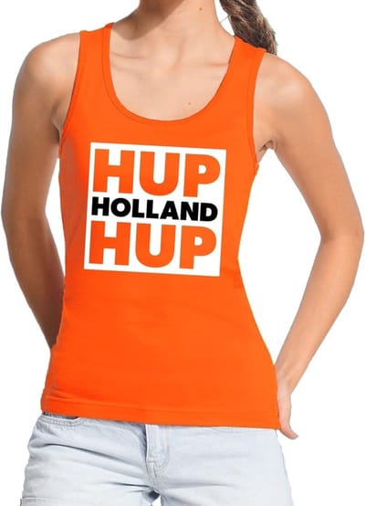 Nederland supporter tanktop / mouwloze shirt Hup Holland Hup in vierkant oranje voor dames - landen kleding S