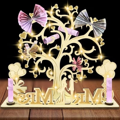 Houten Geldboom met LED Verlichting, Decoratie voor Bruiloften, Cadeau voor Stellen, Inclusief 3 Houten Clips en Lichtkoord
