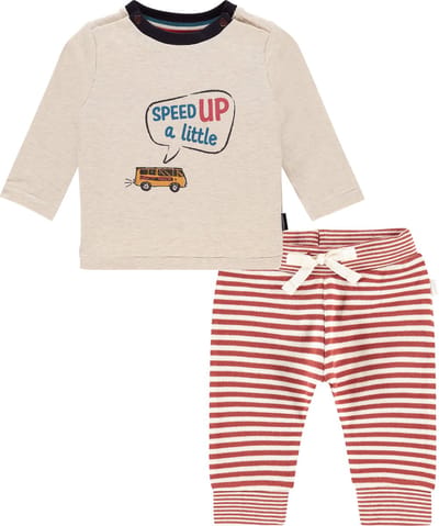 Noppies - Kledingset - 2delig - broek rood gestreept - shirt Oatmeal met print - Maat 74