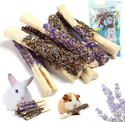 Kauwsticks 8 stuks - Natuurlijk Hooi - Lavendel/Vergeet-mij-niet - Tandverzorging - 100% Zongedroogde Bamboe - Ideaal voor Konijnen/Cavia's - Dierenkauwspeelgoed