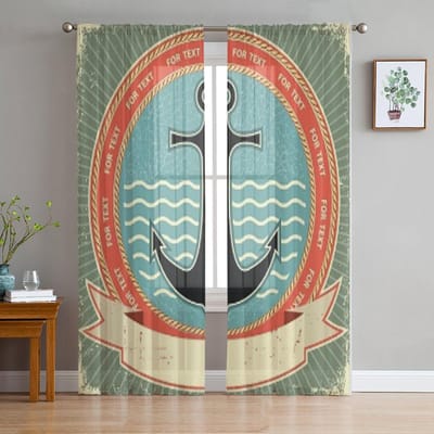 Nautisch Anker Vintage Transparant Gordijn Voor Woonkamer Slaapkamer Voile Gordijnen Voor Raam Organza Gordijnen Feest Tule Gordijnen 135W x 114H(cm) brown