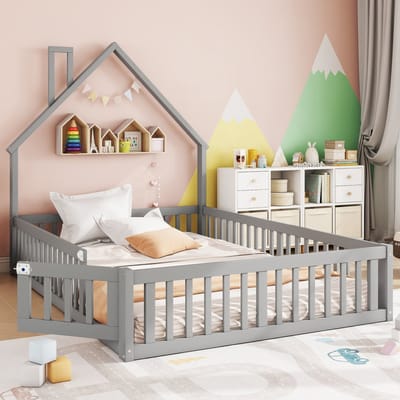 Montessori Huisbed met Veiligheidshek 140x190 cm – Houten Kinderbed met Schoorsteen – Grijs