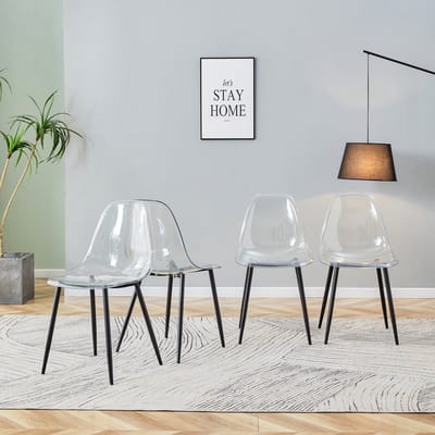 Set van 4 transparante kunststof eetkamerstoelen. Met zwarte metalen poten, stabiel en antislip, gemakkelijk schoon te maken. Geschikt voor moderne, minimalistische eetkamers, kantoren, enz.