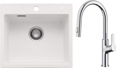 CECIPA max Spoelbak Keuken 40x45CM - Granieten spoelbak Met Keukenkraan met Uittrekbare Uitloop - Spoelbak Met Kraangat - Spoelbakken Met Afdruip - Wit