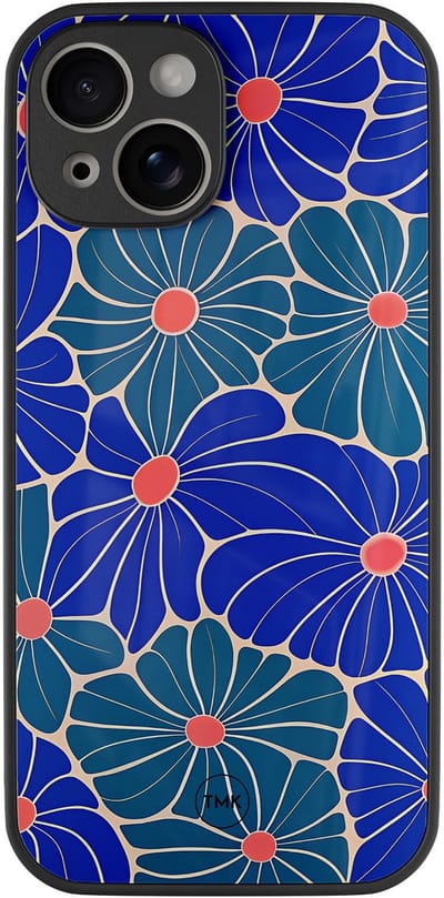 Hoesje geschikt voor Apple iPhone 13 - Indigo bloemen - Blauw - TPU luxe case (glossy toplaag) - Bloemen - Hardcase backcover zwart