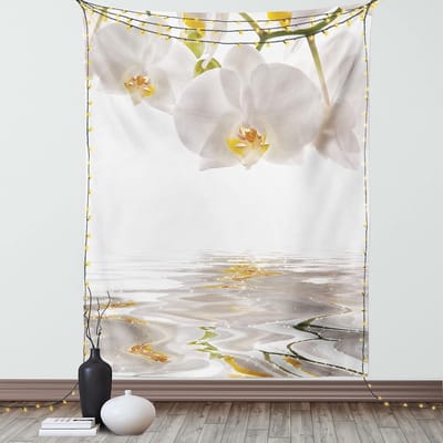 ABAKUHAUS Bloementapijt, Orchideeën op Spatend Water, Woonkamer Slaapkamer Wanddoek Zijdezacht Satijn Wandtapijt, 150 x 200 cm, Off White Oranje