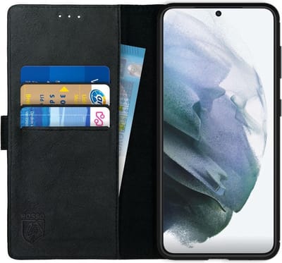 Rosso Deluxe Echt Leer Book Case Hoesje Geschikt voor Samsung Galaxy S21 | Ruimte voor drie pasjes | Portemonnee Book Case | Met Pasjeshouder | Zwart