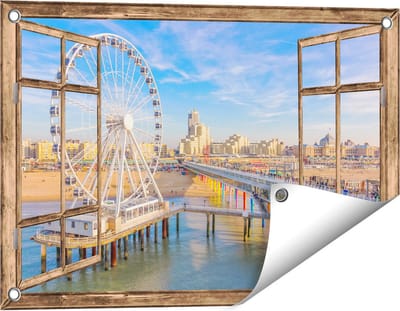 Gards Tuinposter Doorkijk Scheveningen Pier met de Ferris Wheel - Reuzenrad - 60x40 cm - Tuindoek - Tuindecoratie - Wanddecoratie buiten - Tuinschilderij