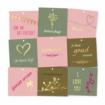44x Cadeaukaartjes (GOLDY Serie) – "Voor elk moment" – 22 Designs – 7×7 cm – Cadeaulabels / Mini Wenskaartjes – Poeder Roze / Olijf Groen - Met Boorgaatje – Voor Cadeaus & Verpakkingen