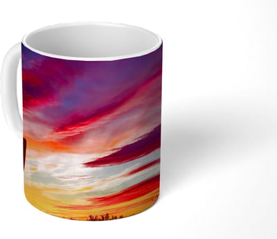 Mok - Koffiemok - Cactus - Lucht - Zonsondergang - Paars - Roze - Mokken - 350 ML - Beker - Koffiemokken - Theemok