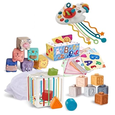 Educatief Baby Speelgoed 6 Maanden - speelgoed 1 jaar - XXL box - 6-in-1 box - Montessori Educatief Speelgoed - 33 psc - Zachte Blokken - Vormen Sorteer Kubus - Trekkoord Speeltje - Educatieve Doekjes - Tissue box - inclusief Opbergtas