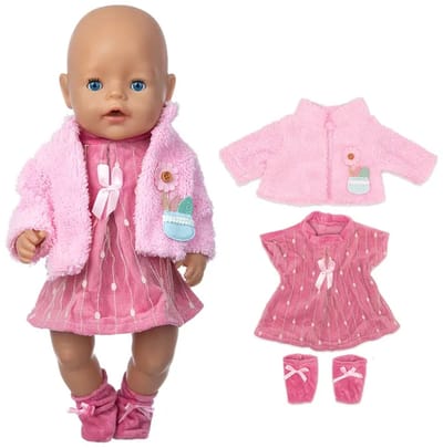 Lief setje voor de pop - Roze jurkje, jasje en slofjes - Poppenkleertjes voor Pop tot 43 cm - Geschikt voor o.a. Baby Born - exclusief pop!