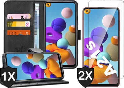 Hoesje geschikt voor Samsung Galaxy A21s - 2x Screen Protector GlassGuard - Book Case Kunstleer Pasjeshouder Zwart & Screenprotector