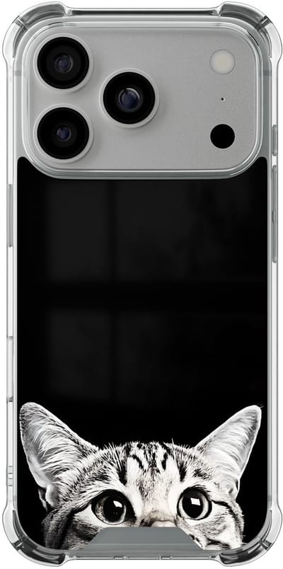 Shockproof hoesje geschikt voor Apple iPhone 17 Pro - Kat kiekeboe - Schokbestendig - Verhoogde randen - TPU case - Extra Sterke Back Cover - Print - Transparant, Zwart