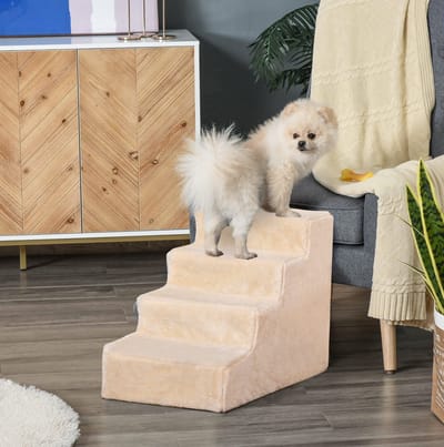 HAUSS SPOLE Huisdiertrap - 4 Treden Met Afneembare Pluche Hoes - 60 x 35 x 44 cm - Spaanplaat - Beige - Voor Sofa En Bed