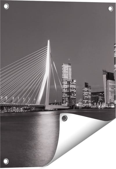 Gards Tuinposter Rotterdamse Skyline - Zwart Wit - 40x50 cm - Tuindoek - Tuindecoratie - Wanddecoratie buiten - Tuinschilderij