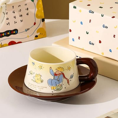 Sterprins Schattige Kunst Keramische Koffiekop Schotel Set Cadeau Hoge Precisie Frisse Keramische Kop Verjaardagsgezelschap 401-500ml beige