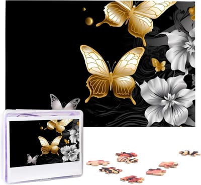 Gepersonaliseerde Puzzels - Fotopuzzel Legpuzzel - Ontspanning Thuis - Goud Witte Vlinders Zwart - 1000 Stukjes - Multicolor