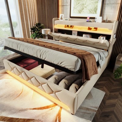 Pugsdrly Gestoffeerd tweepersoonsbed 140x190, opbergruimte in het hoofdeinde met USB- en Type C-poort, 360° surround-LED-verlichting rondom het hoofd- en voeteneinde, bedden met hydraulische opbergruimte, beige, linnen (zonder matras)