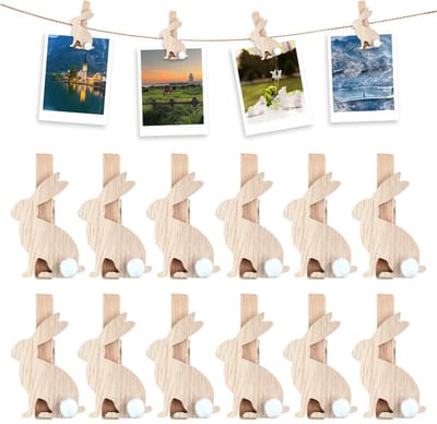 Dailygoods- Wasknijpers Hout 12 Stuks - Mini Wasknijpers - Decoratieve Paasklemmen - Houten Hazenclips - Robuuste Constructie - Perfect voor Woondecoratie - Decoratieve Clips
